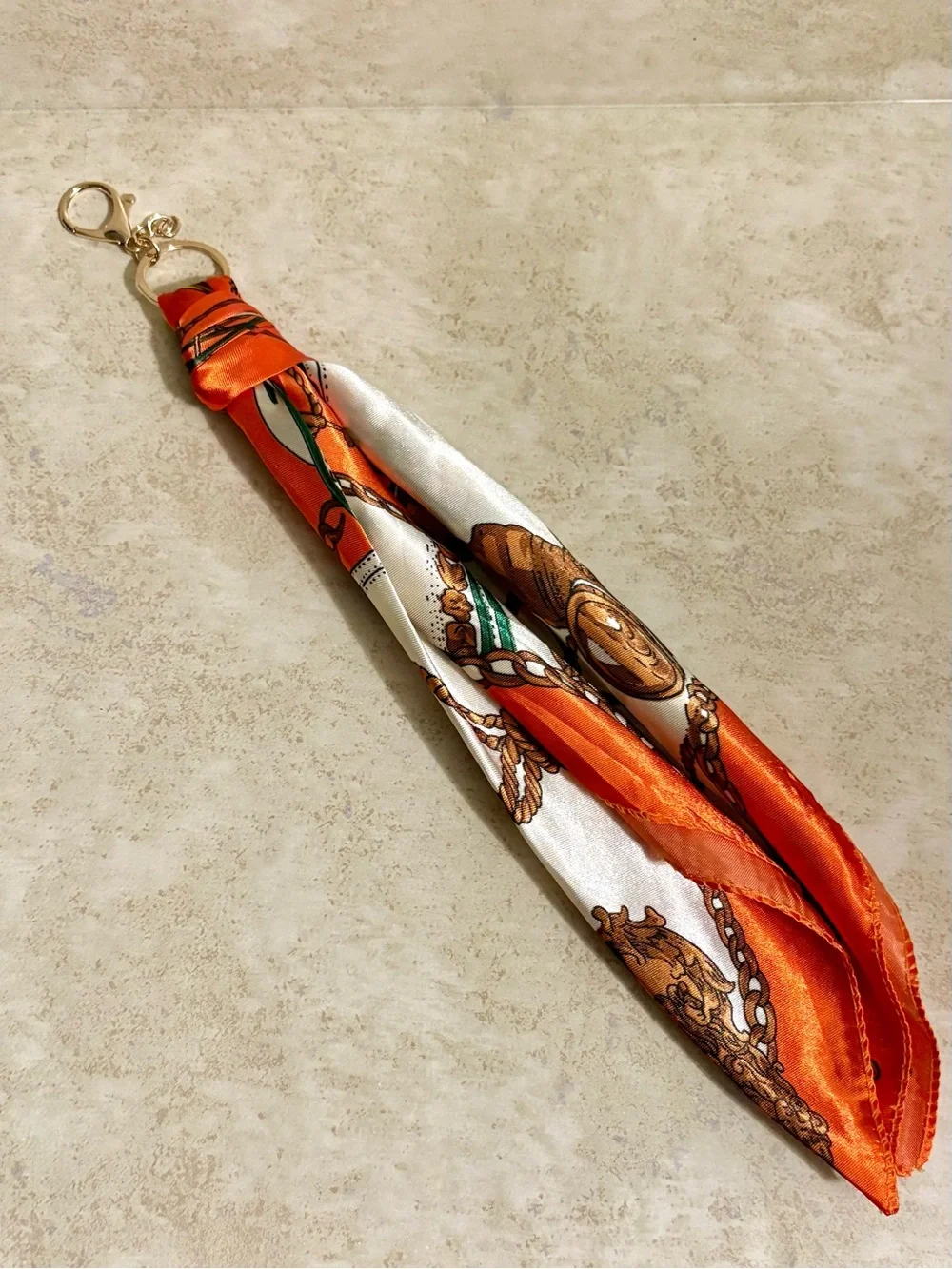 NWOT - Silk Scarf Keychain - Orange & White - Purse Charm